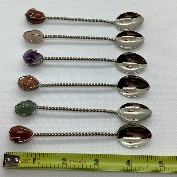 Silver Tone Twisted Semi Precious Gemstone Handle Demitasse Spoons Set of 6 - Picture 16 of 16